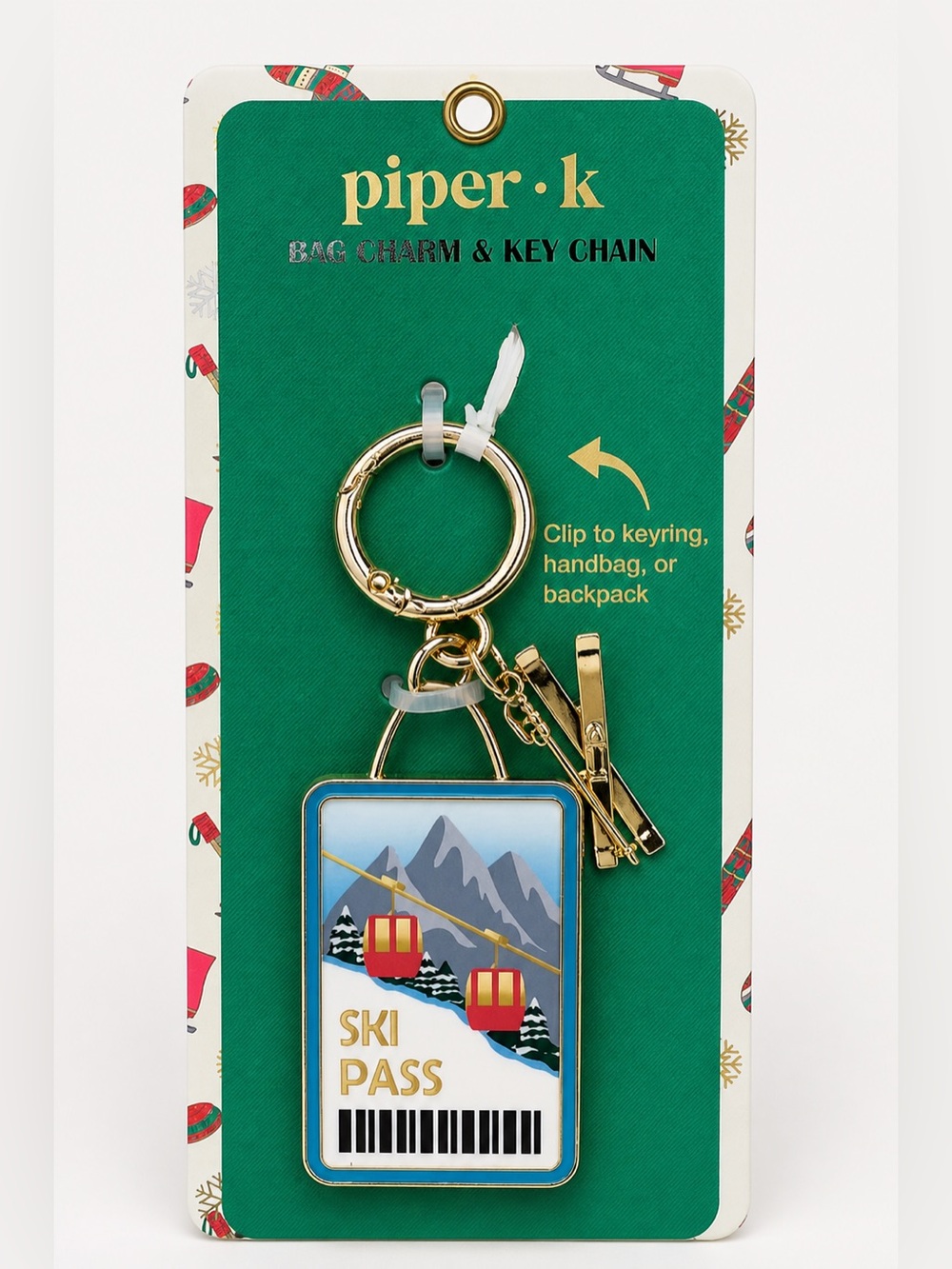 Piper K NWT Ski Pass Bag Charm & Key Chain Gold Tone Gondola Winter Skiing